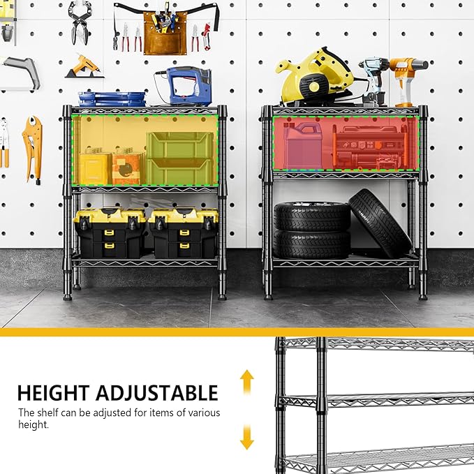 750 lbs 3 Tier Shelf Metal Storage Shelves Wire Rack Closet Organizers for Garage Kitchen Bathroom Laundry Black 11.8" D x 25.6" W x 31.5" H-CasaMuseHome