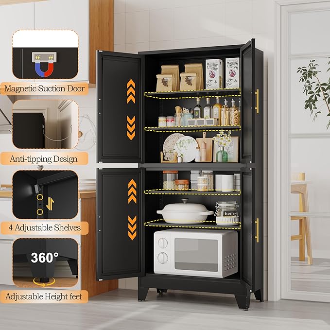75.2" Tall Metal Pantry Cabinet, Storage Cabinets with 4 Door and 4 Adjustable Shelves, Black Kitchen Pantry Storage Cabinet, Freestanding Cupboard for Kitchen Dining Room Living Room Bathroom-CasaMuseHome