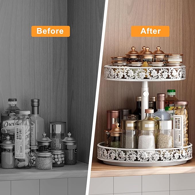 2 Tier Lazy Susan Organizer Turntable Adjustable,12 Inch Two Tier Lazy Susan Metal Easy Assembly Cleaning, Rotating Spice Rack Organizer for Cabinet Dining Table Kitchen Countertop White-CasaMuseHome