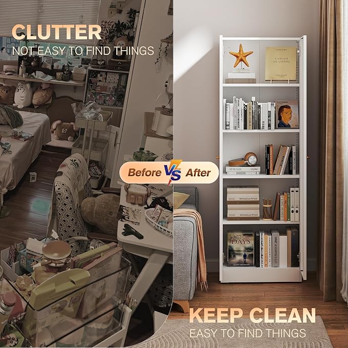 5 Tier Metal Curio Cabinets, Modern Bookshelf Cabinet with 4 Adjustable Shelves, Cabinet Display Case for Home Office, Living Room, Pantry (White-23.54W-Metal Door)-CasaMuseHome