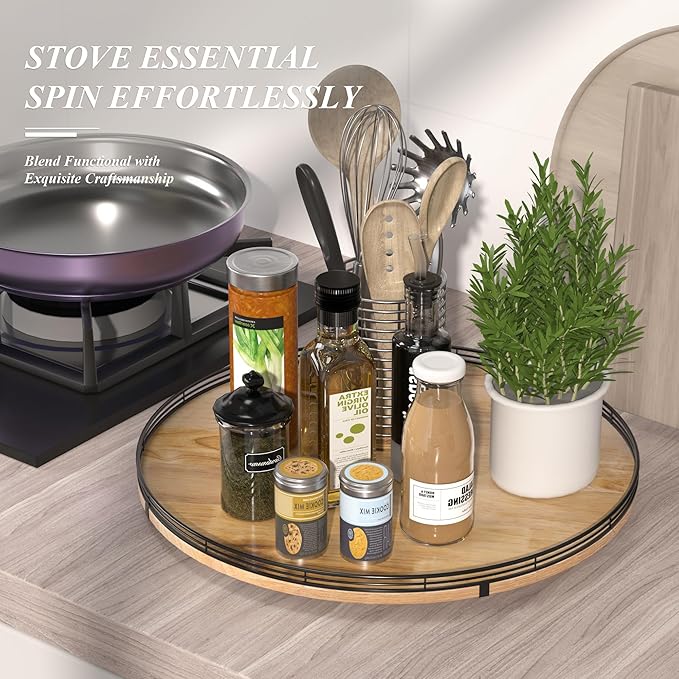 21" Lazy Susan Oak Wood Turntable Organizer for Cabinet, Farmhouse Round Wooden Large Lazy Susan Organization and Storage for Dining Table, Pantry, Kitchen, Countertop, Cupboard, Home Decor-CasaMuseHome