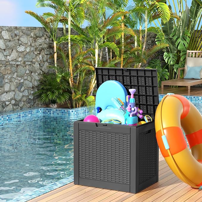 30 Gallon Resin Deck Box, Lockable Patio Outdoor Storage Box for Furniture, Garden Tools and Tools Storage, Waterproof Outside Storage Boxes - Black-CasaMuseHome