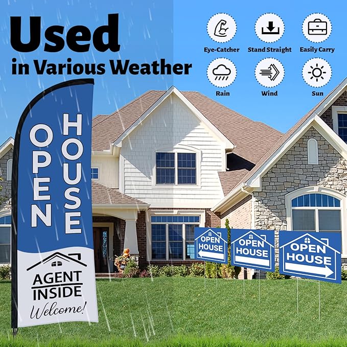 44 Pcs Open House Signs for Real Estate Agent Supplies, Double Sided Open House Flag Kit for Outside, 7.6 x 5.4 Ft Blue Banner Flag Poles Set with Directional Arrows Yard Sign Stakes Balloons-CasaMuseHome