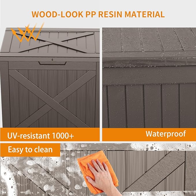 32 Gallon Outdoor Deck Box,Storage Lockable Waterproof Patio Furniture,Garden Tools,Cushions,Pool Accessories Outside Storage Resin Box(Light Brown)-CasaMuseHome