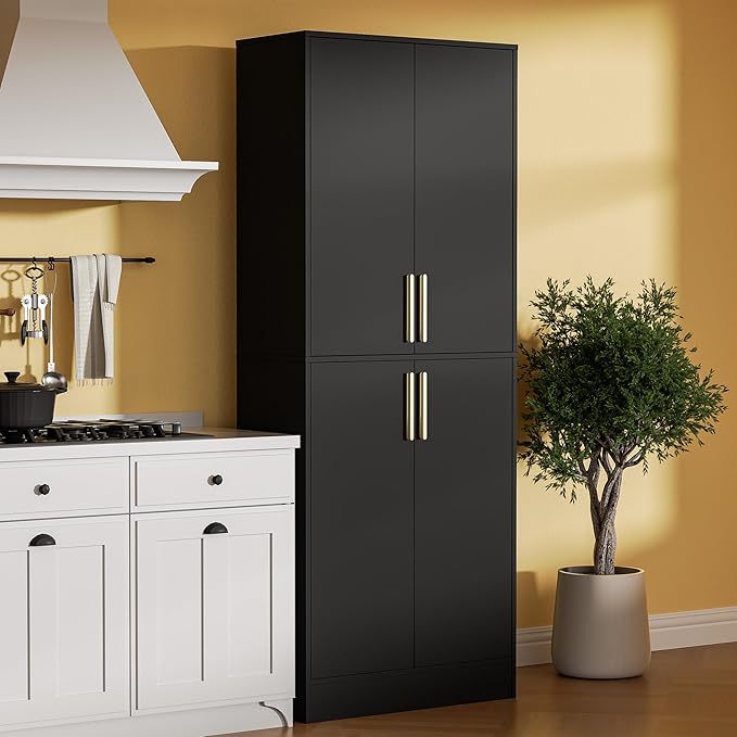 71" Tall Pantry Cabinet, 4 Doors Kitchen Pantry Storage Cabinet, Freestanding Larder Cupboard, Kitchen Hutch with Gold Handles for Dining Room, Bathroom, Black-CasaMuseHome
