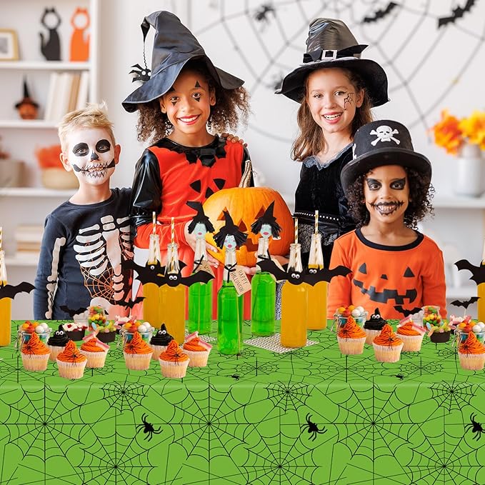 2 Pcs Halloween Tablecloth - Plastic Halloweens Spider Webs Table Cloth, Green Disposable Rectangle Spiderweb Table Cover for Halloween Party Decorations Supplies Favors Tables Decor, 108 x 54 Inch-CasaMuseHome