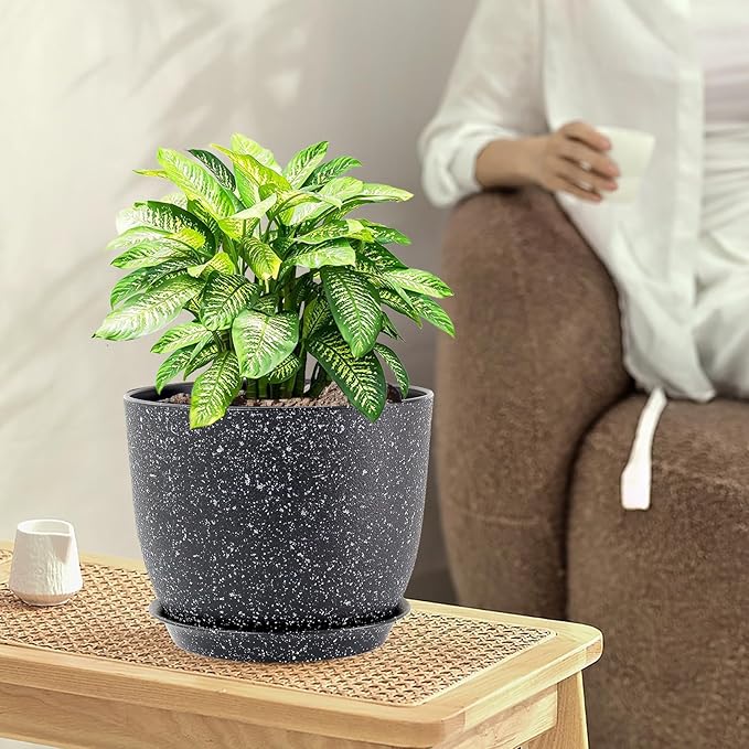 9/8/7.5 inch Plant Pots, Set of 3 Modern Decorative Plastic Planters with Drainage Holes and Saucer for Garden House Plants, Flower Pots for Indoor Outdoor Plants, Speckled Black-CasaMuseHome