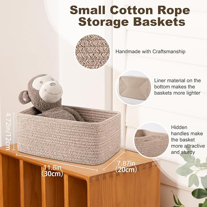 3 Pack Small Storage Baskets for Organizing, Cute Woven Decorative Gift Baskets for Shelves, Mini Closet Organizer Bins with Handles, 11.81''Lx7.87''Wx4.72''H-Brown-CasaMuseHome