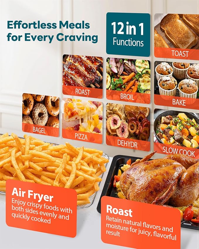 28QT Air Fryer Toaster Oven Combo, Large 12-in-1 Convection Countertop Oven with Next-Gen HeatWave Convection, 3-Layer Cooking, Rotisserie for Chicken, Fits 11" Pizza, Full Accessories, Sparkle Black-CasaMuseHome