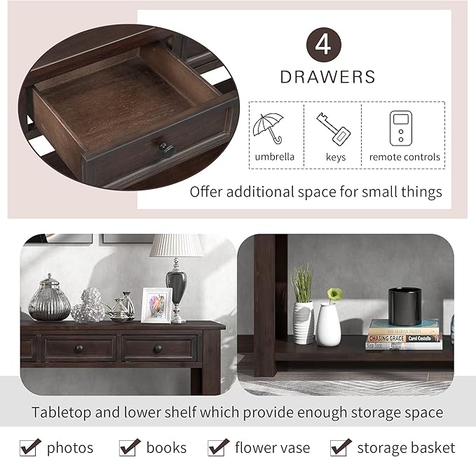 63" Solid Wood Console Table Sofa Table with Storage Drawers and Bottom Shelf,Farmhouse Entryway Table for Hallway Foyer,Sofa Couch Table,Fully Assembled (63" Espresso)-CasaMuseHome
