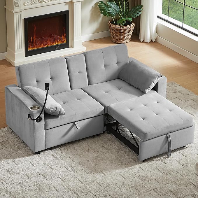 70" Queen Size Sofa Bed for Living Room – Pull-Out Sleeper Sofa Couch with Cup Holder, Phone Holder, USB Charging Port, Solid Wood Frame, Easy Assembly, Space-Saving Design for Small Apartments-CasaMuseHome