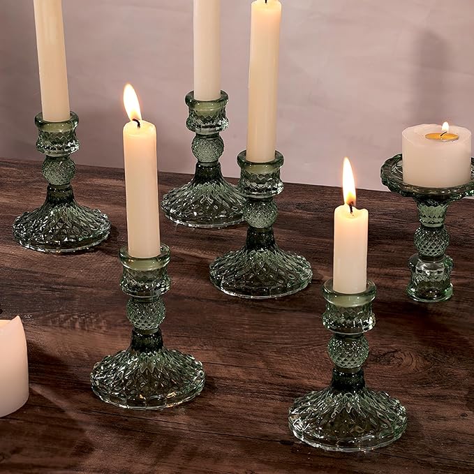 12Pcs Green Candlestick Holders Set- 4" H Taper Candle Holders Bulk, Glass Candle Holders for Wedding, Party, Romantic Dinner Table Centerpieces, Festival Gifts & Windowsill Decor-CasaMuseHome