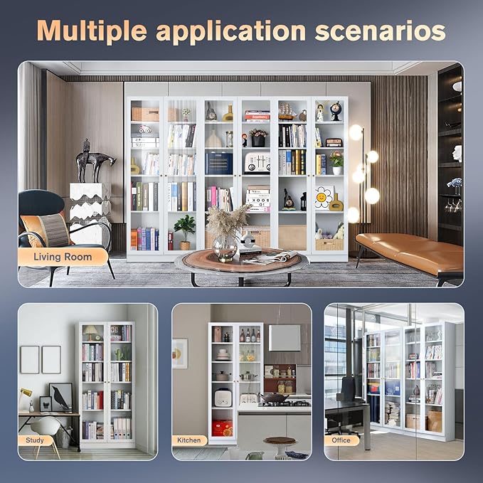 32" Wide Metal Storage Cabinet with Acrylic Doors and 4 Adjustable Shelves, 71" Tall Bookshelf, 5-Tier Freestanding Kitchen Pantry Cabinet with Anti-Tipping for Small Spaces/Kitchen/Living Room-CasaMuseHome