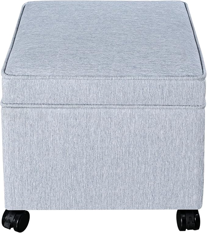 Adeco 17.5" Square Fabric Ottoman with Storage, Upholstered Cotton Linen Foot Rest, Flip Top Footstool, Small Cube Coffee Table Extra Seat for Living Room, Bedroom, Ice Blue with Rolling Legs-CasaMuseHome