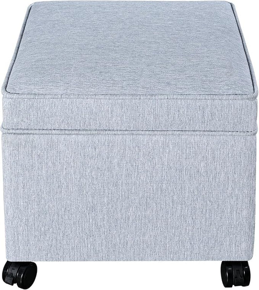 Adeco 17.5" Square Fabric Ottoman with Storage, Upholstered Cotton Linen Foot Rest, Flip Top Footstool, Small Cube Coffee Table Extra Seat for Living Room, Bedroom, Ice Blue with Rolling Legs-CasaMuseHome