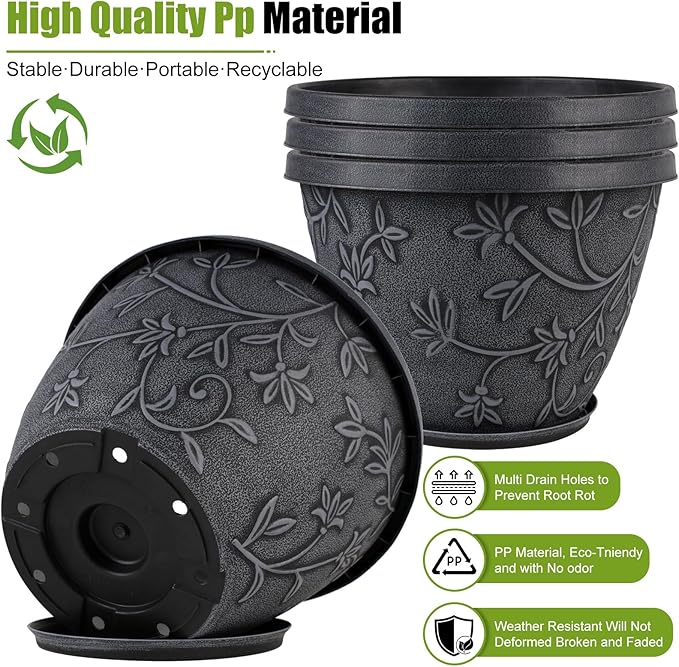 4 Pack 8 Inch Flower Pots for Outdoor Indoor, Plastic Plant Pots with Drainage Hole & Saucer, Lightweight Small Resin Flower Pot, Imitation Magnolia Pots for Garden House planters（Gray）-CasaMuseHome