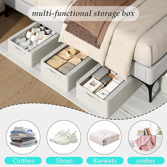 3PCS Under Bed Storage Bins with Metal Frame, Linen Fabric Frame Storage Box Clothes Organizer Bins, Underbed Container with Clear Window (Beige, 15.7 x 13 x 6IN)-CasaMuseHome