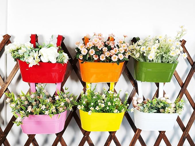 6 Pcs Railing Planter, 10" Metal Hanging Flower Pots for Outdoor Balcony Rails, Fence Pot Hanging Plant Holders with Detachable Hooks for Garden Patio Yard Decor (Multi-Color, 6Pcs)-CasaMuseHome