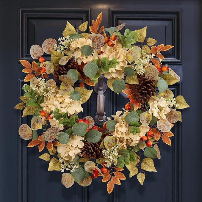 22 in Fall Hydrangea Wreath with Eucalyptus, Pinecones Orange Berries Perfect Autumn Door Wreath for Thanksgiving Harvest Decor - Rustic, Lifelike Durable for Indoor Outdoor Use-CasaMuseHome