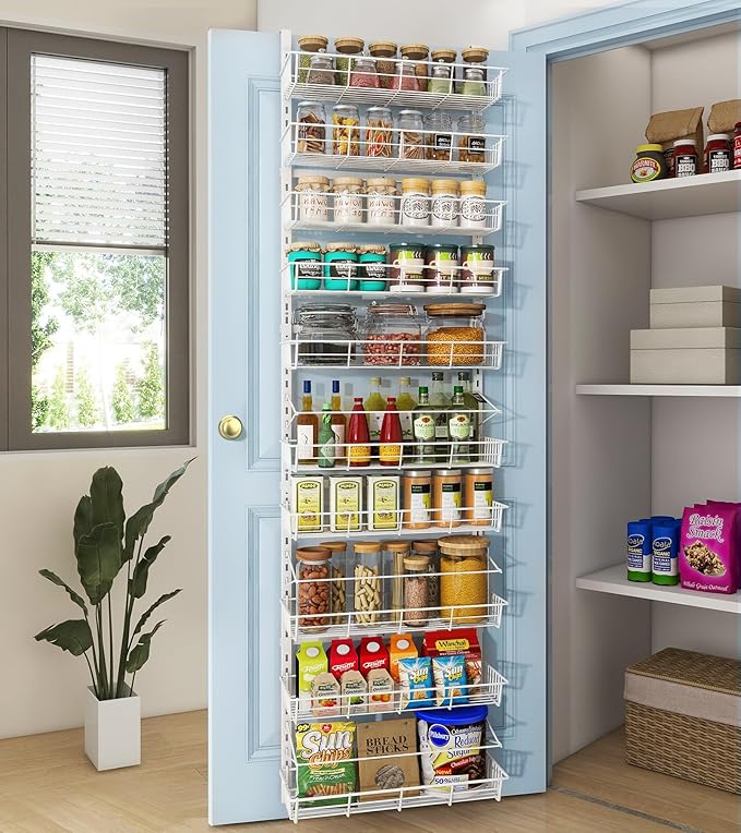 White 10-Tier Over The Door Pantry Organizer, Pantry Organization and Storage, Metal Hanging Adjustable Basket, Wall Spice Rack Seasoning Shelves, Home & Kitchen Essentials-CasaMuseHome