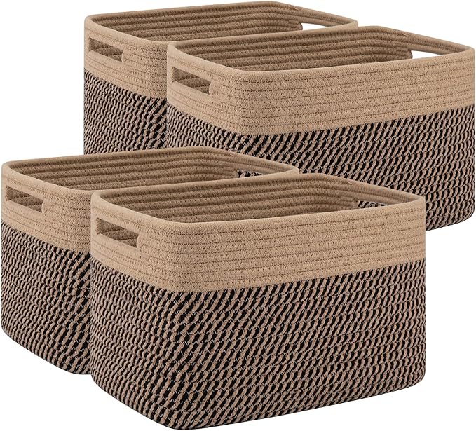 4 Pack Storage Baskets for Organizing, Woven Baskets for Shelves - Perfect for Toys, Books, Towels, and Clothes, Durable Gift Basket Bins Toy Storage, 13''L x9''W x7.8''H, Black and Brown-CasaMuseHome