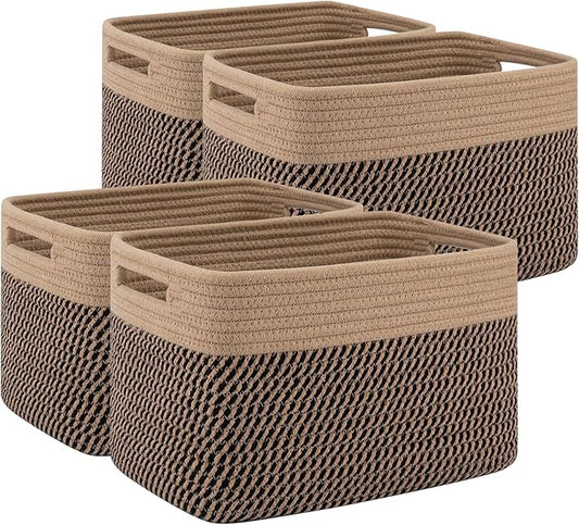 4 Pack Storage Baskets for Organizing, Woven Baskets for Shelves - Perfect for Toys, Books, Towels, and Clothes, Durable Gift Basket Bins Toy Storage, 13''L x9''W x7.8''H, Black and Brown-CasaMuseHome