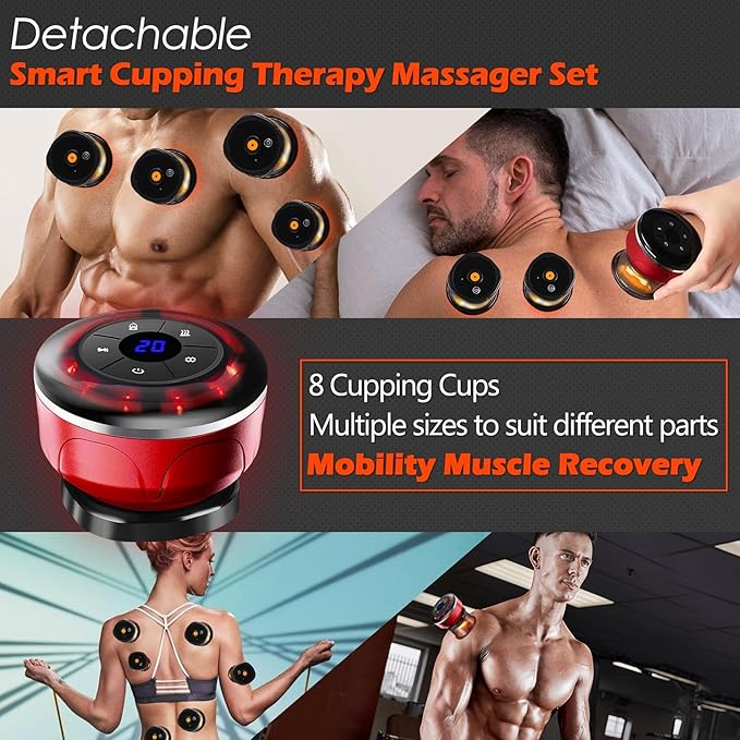 4-in-1 Electric Cupping Therapy Set with 8 Cellulite Massage Cups with 12 Modes Suction,Smart Dynamic Cupping Therapy Set for Ease Fatigue, Muscle Soreness and Skin Tightening(Red)-CasaMuseHome