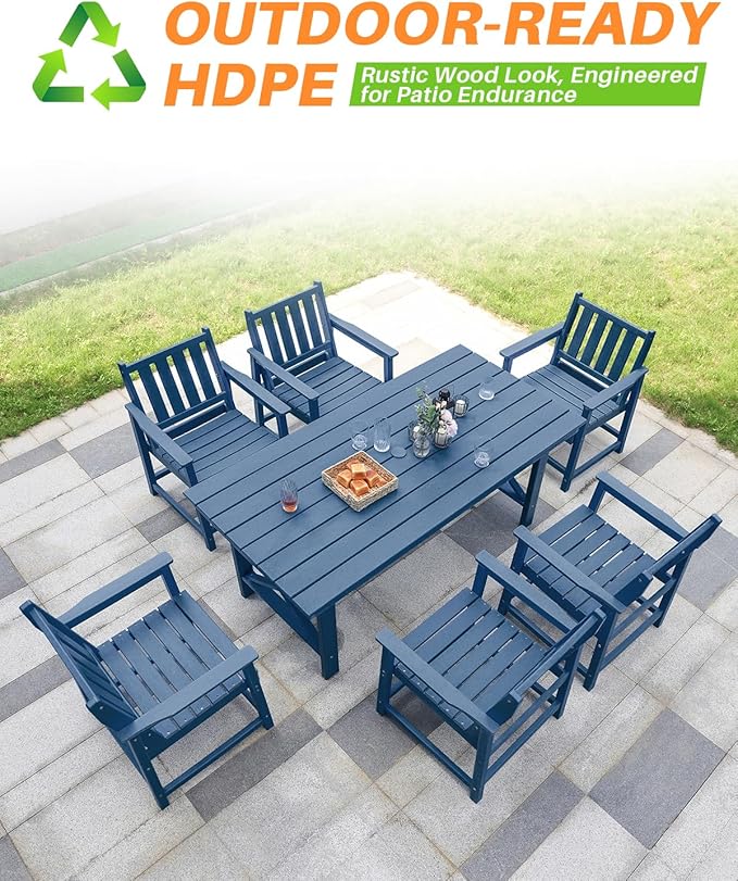 7 Pieces HDPE Outdoor Dining Set, Patio Dining Set with Umbrella Hole, All Weather Outdoor Dining Table Sets for 6, HDPE Patio Furniture Sets for Deck, Backyard, Lawn, and Poolside, Navy-CasaMuseHome