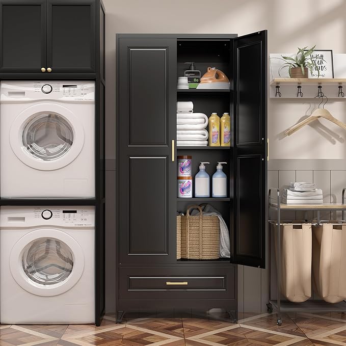 75" Kitchen Pantry Cabinet with Drawer, Metal Storage Cabinets with Doors and 4 Adjustable Shelves,Black Kitchen Cabinet with 2 Gold Handles,Food Cupboard for Livingroom,Pantry-CasaMuseHome