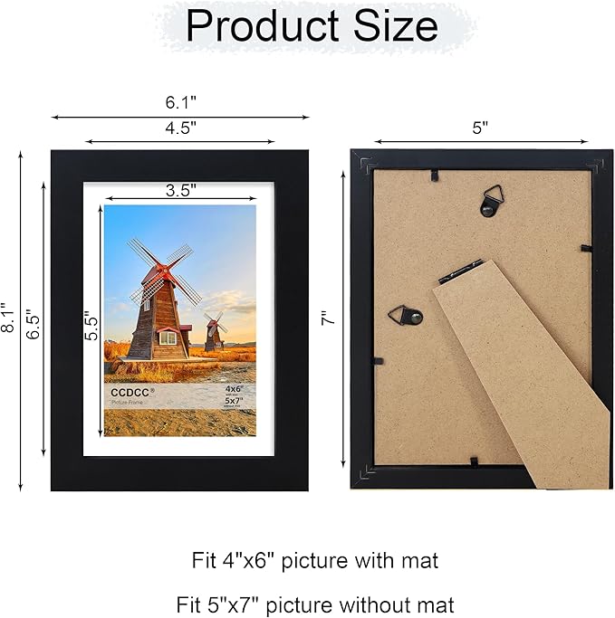 5x7 Picture Frame Set of 4, 5 x 7 Wood Photo Frames with Mat for 4x6, Wooden Frame with Real Glass Cover for Wall and Tabletop Display,Black-CasaMuseHome