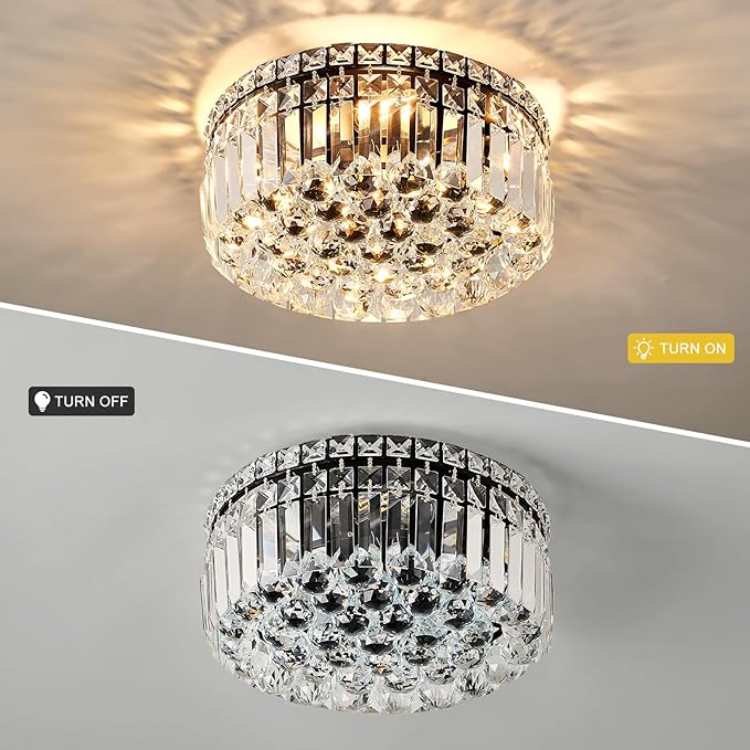 4-Light Black Crystal Chandeliers Flush Mount Chandelier Light Fixture with K9 Crystals Modern Ceiling Lights Elegant Round Lamp for Bedroom,Hallway,Bar,Living Room,Dining Room,H5.9 xW13.7-CasaMuseHome