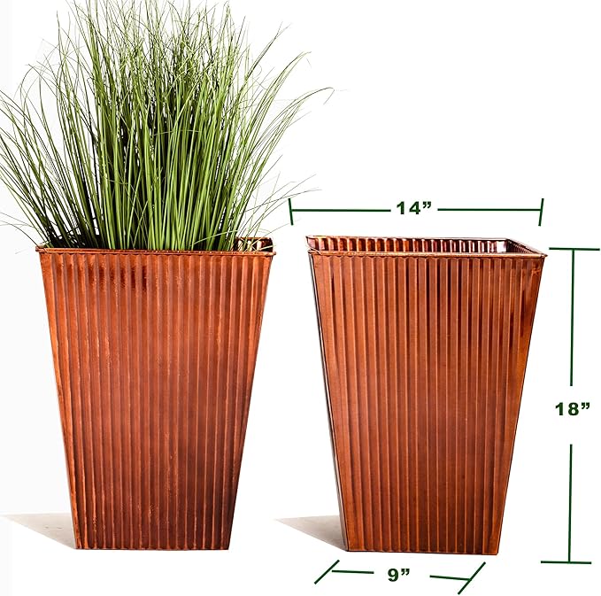 18in Vintage Handmade Metal Vertical Lines Copper Tapered Planters Set of 2, Galvanized Steel Planter Box with Drainage Hole for Indoor/Outdoor/Porch/Garden-CasaMuseHome