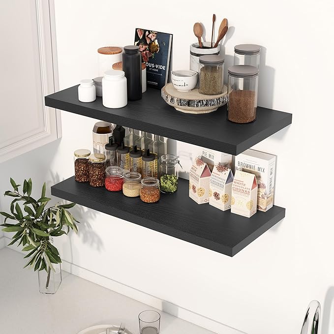 30" Floating Shelves for Wall, 12" Deep Slim Black Floating Shelves, Wall-Mounted Shelves for Bedroom, Living Room, Kitchen, Bathroom - Set of 2-CasaMuseHome