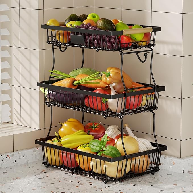 3 Tier Fruit Basket for Kitchen Counter with 2 Banana Hangers, Countertop Metal Fruit Bowl with Wooden Handle, Large Storage Stand for Vegetables, Snacks, Breads, Produce Storage – Black-CasaMuseHome