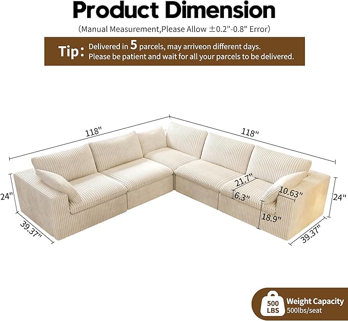 118" V Shaped Corner Modern Sofa Modular Sectional Cloud Couch,Deep Seat Upholstered Couches with Plush Corduroy Fabric for Living Room Furniture,Bedroom and Apartment,No Assembly Required,White-CasaMuseHome
