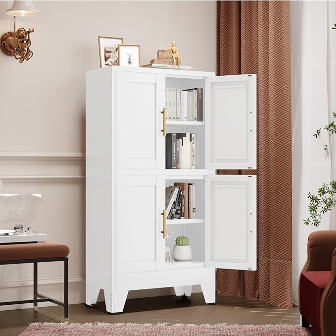 47.25" Metal Pantry Cabinet, Storage Cabinets with 4 Door and 2 Adjustable Shelves, White Bathroom Cabinet, Freestanding Cupboard for Kitchen Dining Living Room Bathroom-CasaMuseHome