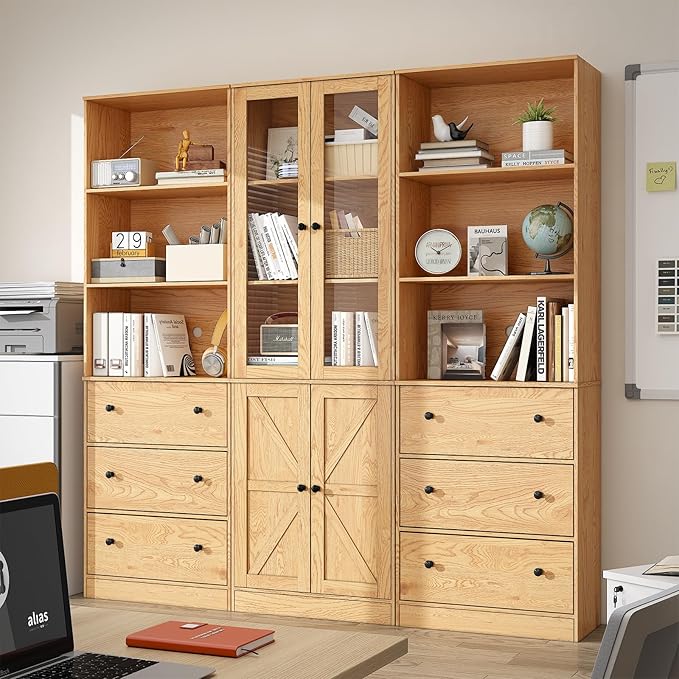 71" Tall Bookshelves Set of 3, 2 Bookcases with Drawers & 1 Bookshelf with Doors, Wooden Bookshelves Floor Standing Display Storage Shelves Home Decor Furniture for Home Office, Living Room-CasaMuseHome