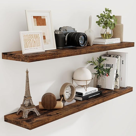 55 Inch Floating Shelves Set of 2, Rustic 55 x 9 Floating Shelf for Wall, 9 Inch Deep Wall Shelves Invisible Bracket, Large Deep Shelving for Bedroom, Kicten, Living Room, Rustic Brown Color-CasaMuseHome