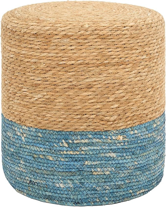 16'' Round Ottoman Natural Seagrass Braided Poof Hand Weaving Round Ottomans Boho Footrest Stool for Home Living Room Bedroom Patio(Natural&Blue)-CasaMuseHome