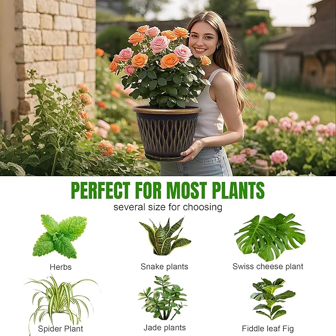 4 Pack 16 Inch Retro Plant Pots, Vintage Striped Flower Pots with Drainage Hole & Saucer, Large Plastic Planters for Indoor and Outdoor Plants, Decorative Garden Pots(Gold)-CasaMuseHome