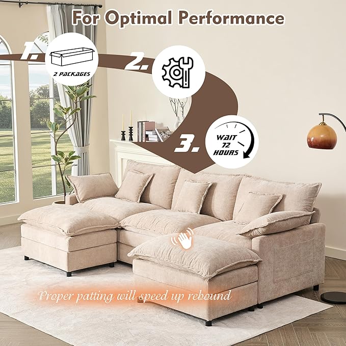108" U Shaped Couch, Modular Sectional Sofa, 3-Seater Comfy Cloud Couch with Movable Ottoman, Deep Seat Couches for Living Room, Chenille, Flat White-CasaMuseHome