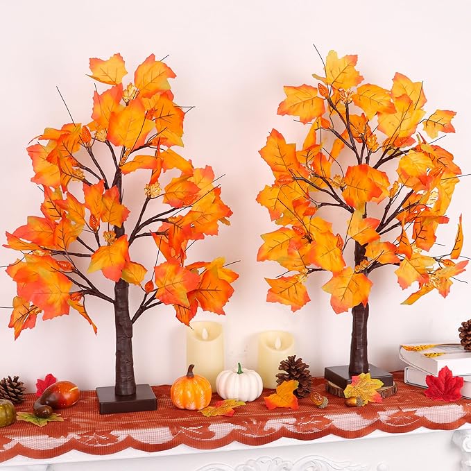 2 Pack 24 Inch Prelit Fall Maple Tree Fall Decor with 48 LEDs Timer Battery Operated Artificial Fall Light Up Tree Maple Acorn for Fall Thanksgiving Decorations Table Home Office Indoor Autumn Harvest-CasaMuseHome