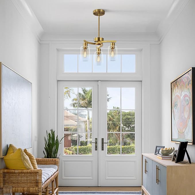 3-Light Gold Dining Room Chandeliers Over Table, Contemporary Kitchen Island Pendant Lighting, Industrial Hanging Light Fixture for Entryway Hallway Foyer Bedroom, Clear Glass Shade-CasaMuseHome