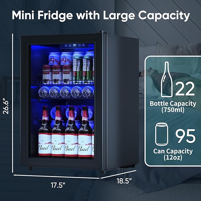 2.5 Cu.Ft Wine Fridge, Mini Fridge With Glass Door, Wine Cooler Refrigerator, Beverage Drink Beer Cooler, Adjustable Shelves & Digital Temperature Display, 22 Bottle 95 Can-CasaMuseHome