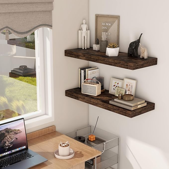 30 Inch Floating Shelves, 12 Inch Deep Floating Shelf for Wall, Rustic Deep Shelves for Books, Bathroom, Living Room, Kitchen, 30 x 12 x 2 Wood Floating Shelves, Rustic Brown Color, Set of 2-CasaMuseHome