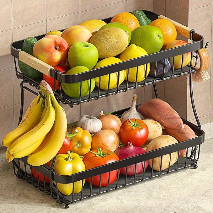 2 Tier Fruit Basket for Kitchen Counter with 2 Mobile Banana Hangers, 2025 Pro Detachable Metal Fruit Bowl with Wooden Handle, Fruit Holder for Bread Snack Veggies with Protective Mats-CasaMuseHome