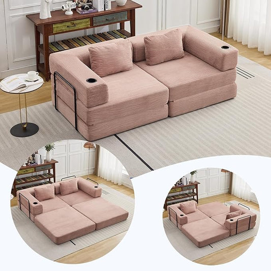 78" W Loveseat Sofa, 4 in 1 Convertible Floor Sofa Bed, Boneless Cloud Couch with Cup Holder, Fold Out Floor Couch, Loveseat Recliner Sleeper for Living Room Bedroom Lounge(Corduroy, White)-CasaMuseHome