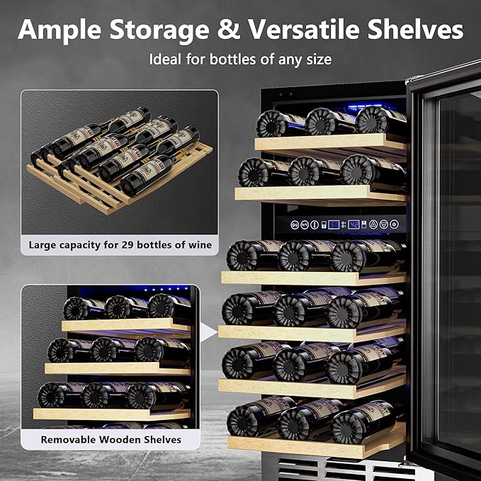 15 Inch Dual Zone Wine Refrigerator, 29 Bottle Under Counter Wine Fridge, Wine Refrigerator for Built-In or Freestanding, Wine Cooler with Removable Shelves, Double-Layer Glass Door, for Home-CasaMuseHome