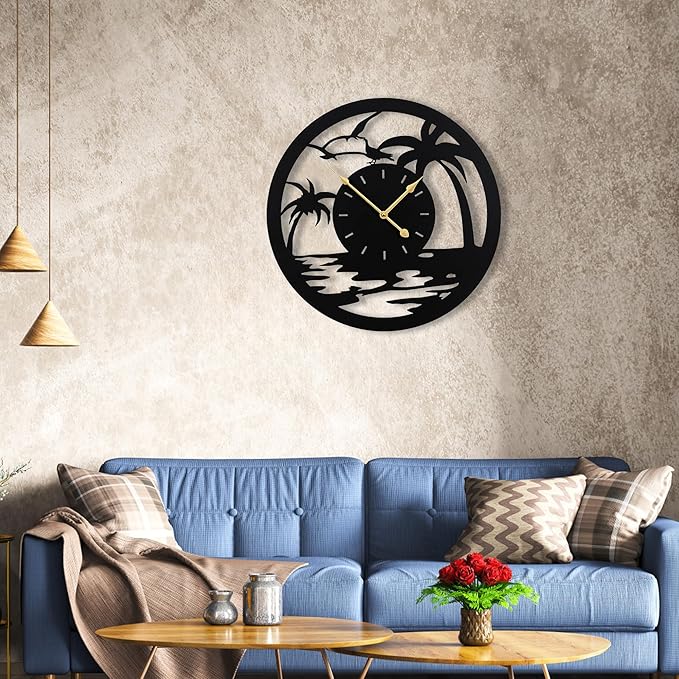 20inches/50cm Wall Clocks Palm Tree Battery Powered No Ticking Silent Round Black Modern Unique Metal Wall Clocks Suitable Living Room Kitchen Bedroom Fireplace Office Farmhouse。-CasaMuseHome