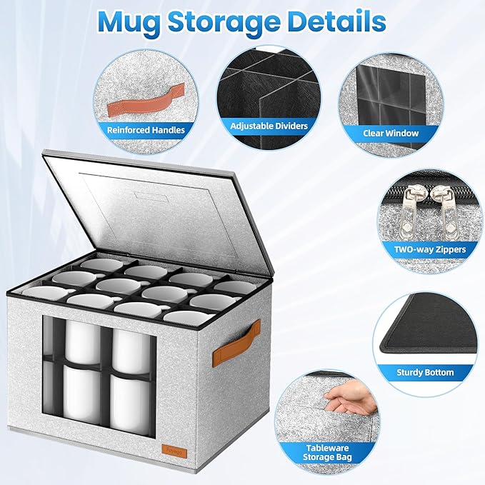 2-Layer Coffee Mug Storage Box with Dividers, Cup Storage Organizer with Zipper Lid and Handles, Stackable China Storage Containers Service for 24 Mugs, Cups and Glasses, Light Grey-CasaMuseHome